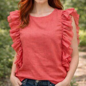 NWT Calligraphie peach orange flutter sleeves dressy shirt top blouse sz M New